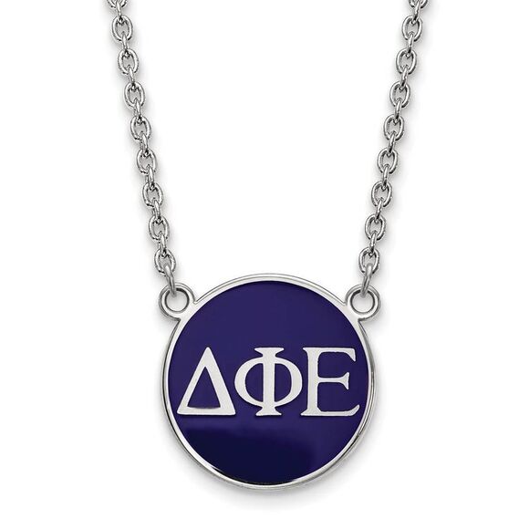 Sterling Silver Delta Phi Epsilon Large Blue Enamel Disc Necklace - Picture 1 of 4